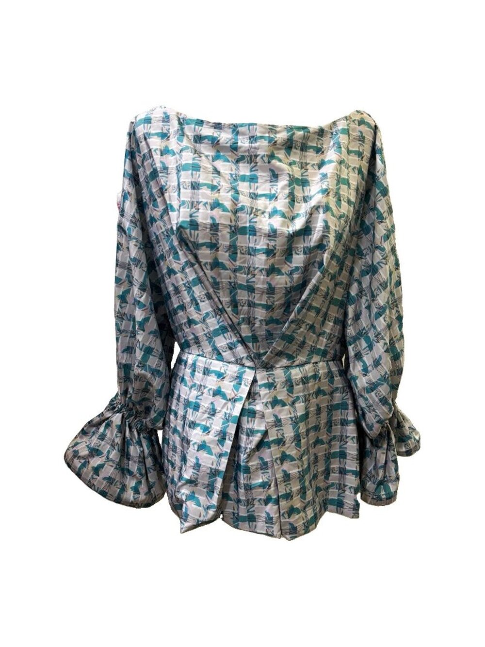 Kimberly Goldson Sola plaid bell sleeve boat neck peplum waist Feminine size M